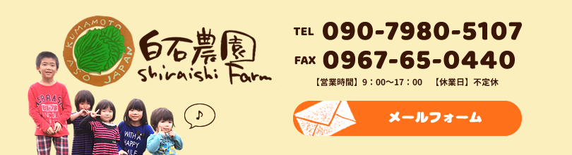 SHIRAISHIfarm090-7980-5107 0967-65-0440 【営業時間】9：00～17：00 【定休日】不定休メールフォーム